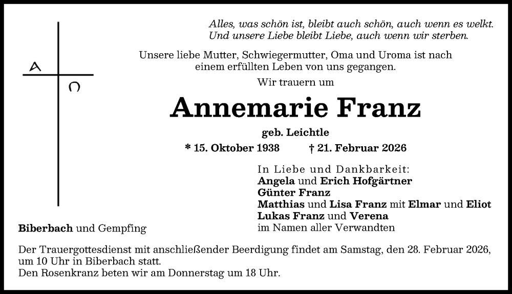  Traueranzeige für Annemarie Franz vom 24.02.2026 aus Augsburg-Land, Wertinger Zeitung