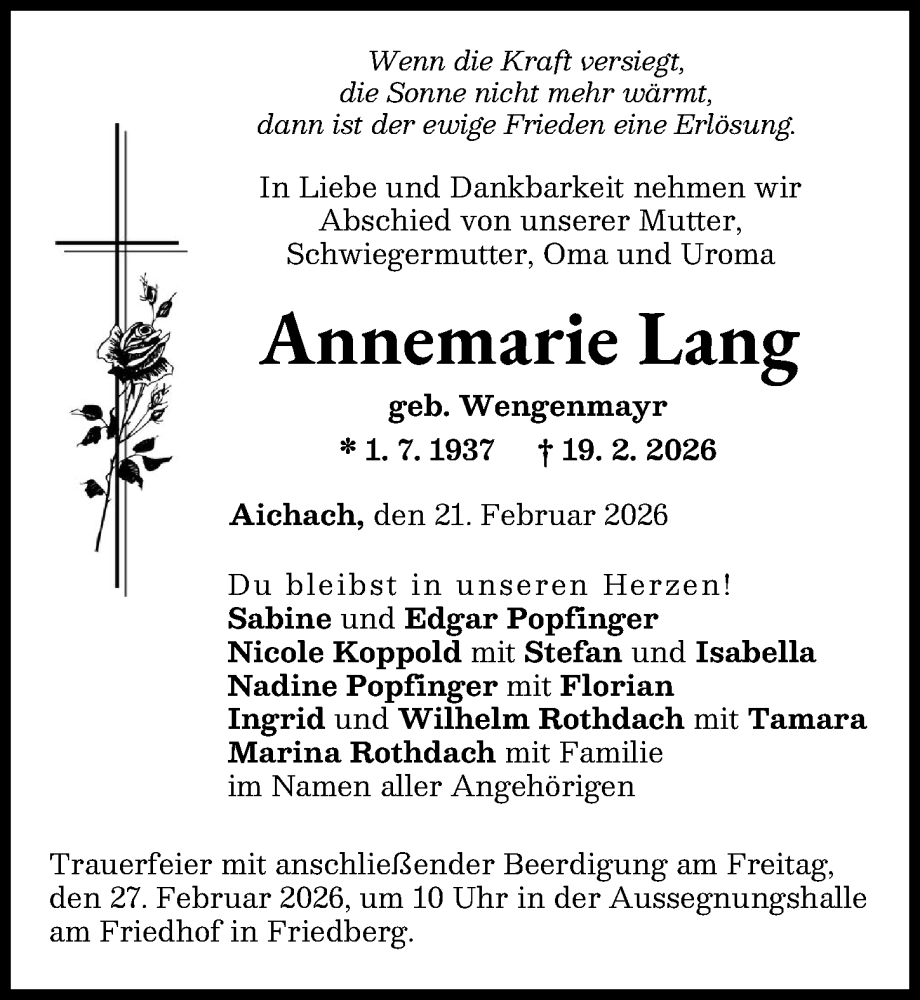  Traueranzeige für Annemarie Lang vom 21.02.2026 aus Aichacher Nachrichten, Friedberger Allgemeine