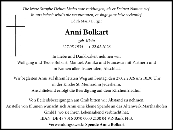 Traueranzeige von Anni Bolkart von Illertisser Zeitung