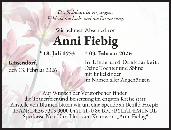 Traueranzeige von Anni Fiebig von Günzburger Zeitung