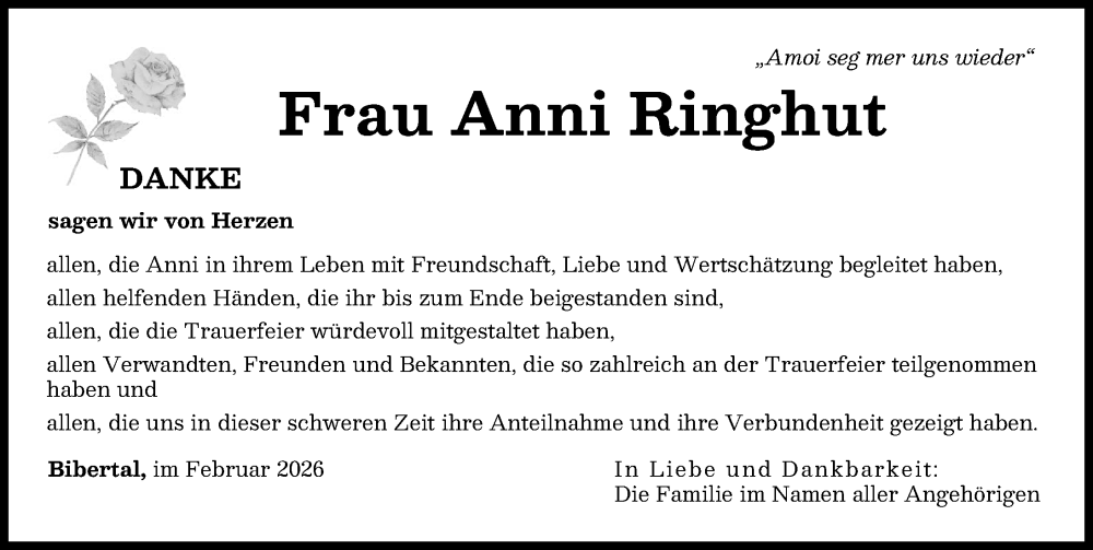 Traueranzeige von Anni Ringhut von Günzburger Zeitung
