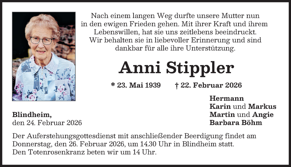  Traueranzeige für Anni Stippler vom 24.02.2026 aus Donau Zeitung