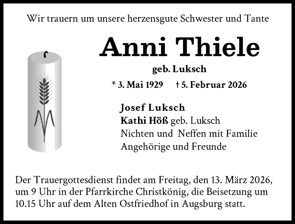  Traueranzeige für Anni Thiele vom 28.02.2026 aus Augsburger Allgemeine