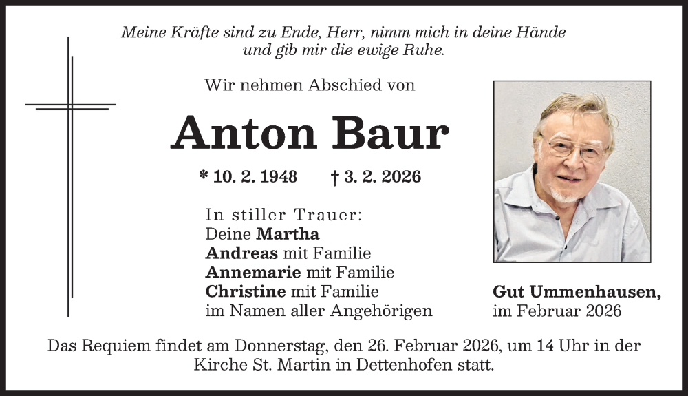  Traueranzeige für Anton Baur vom 21.02.2026 aus Landsberger Tagblatt