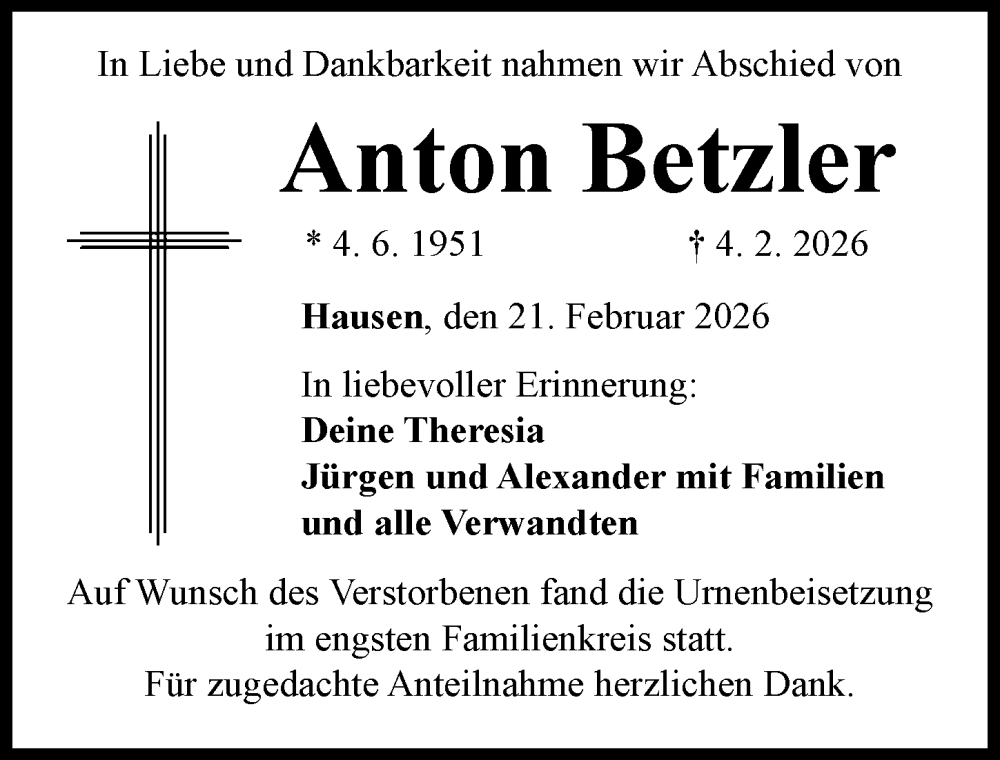  Traueranzeige für Anton Betzler vom 21.02.2026 aus Rieser Nachrichten