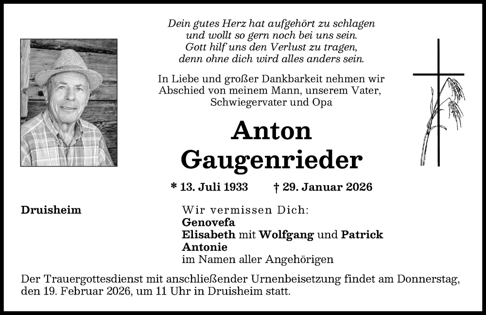  Traueranzeige für Anton Gaugenrieder vom 14.02.2026 aus Donauwörther Zeitung