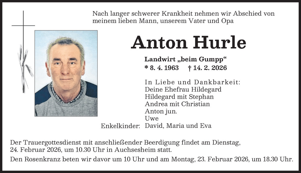  Traueranzeige für Anton Hurle vom 19.02.2026 aus Donauwörther Zeitung