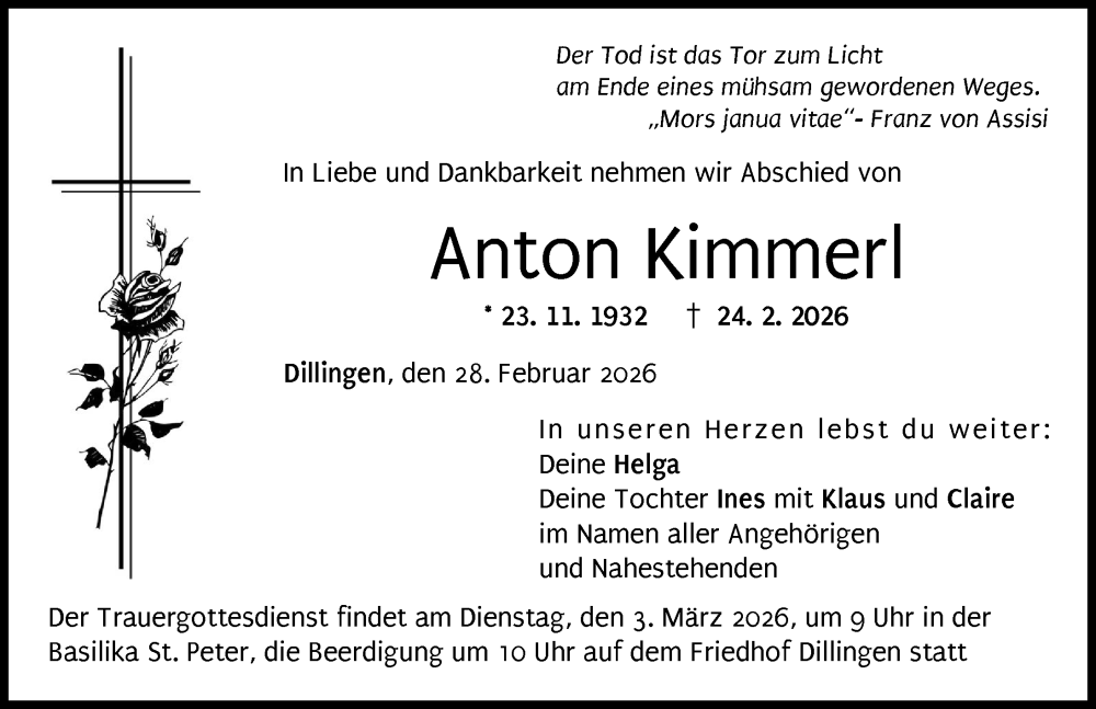 Traueranzeige von Anton Kimmerl von Donau Zeitung