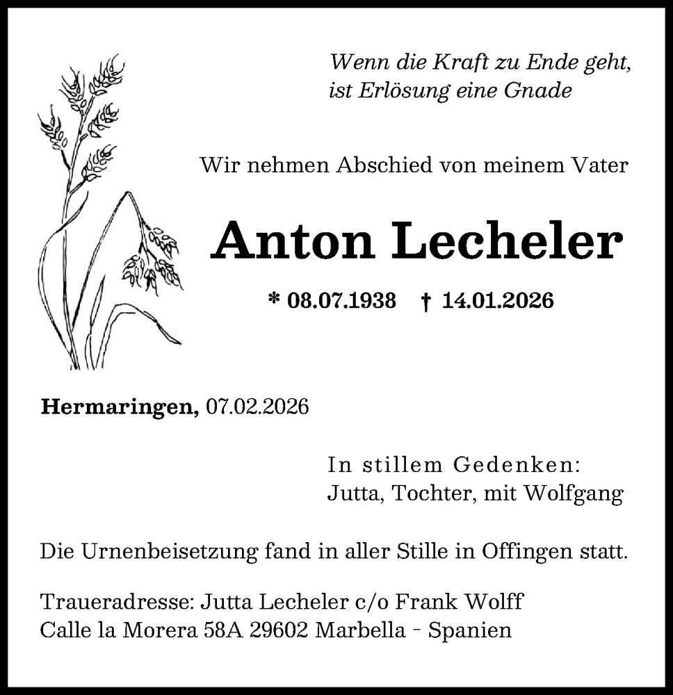  Traueranzeige für Anton Lecheler vom 07.02.2026 aus Günzburger Zeitung