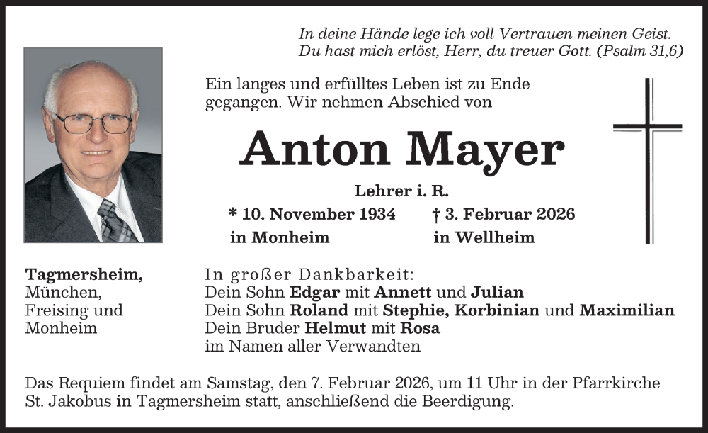  Traueranzeige für Anton Mayer vom 06.02.2026 aus Donauwörther Zeitung, Neuburger Rundschau