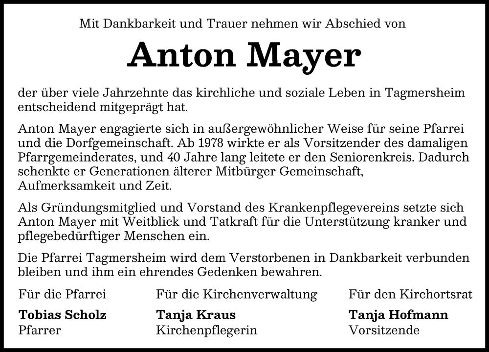  Traueranzeige für Anton Mayer vom 07.02.2026 aus Donauwörther Zeitung