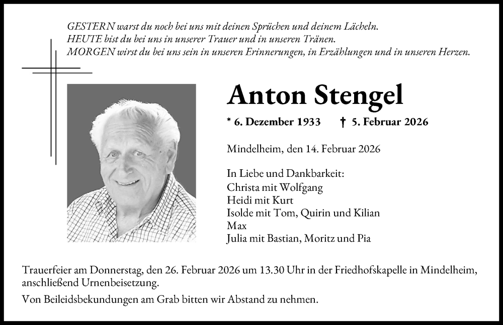  Traueranzeige für Anton Stengel vom 14.02.2026 aus Mindelheimer Zeitung