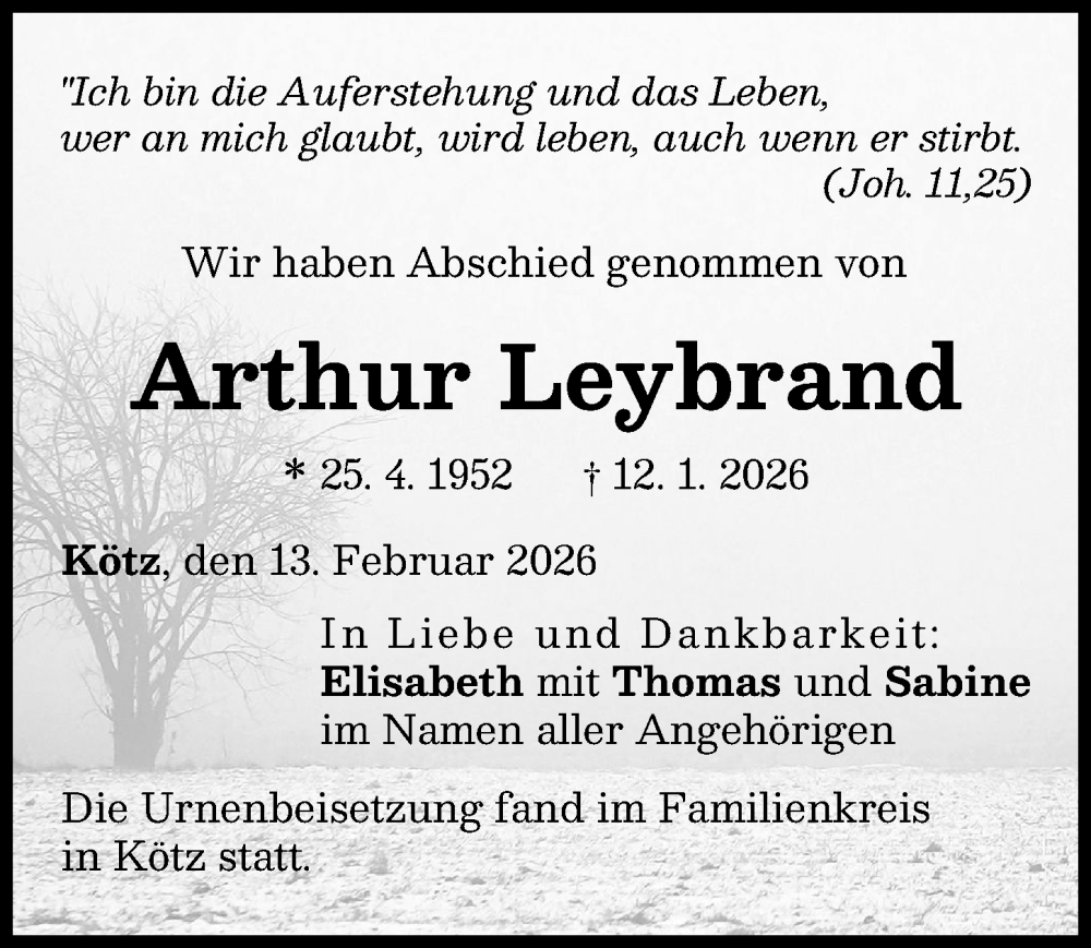 Traueranzeige für Arthur Leybrand vom 13.02.2026 aus Günzburger Zeitung