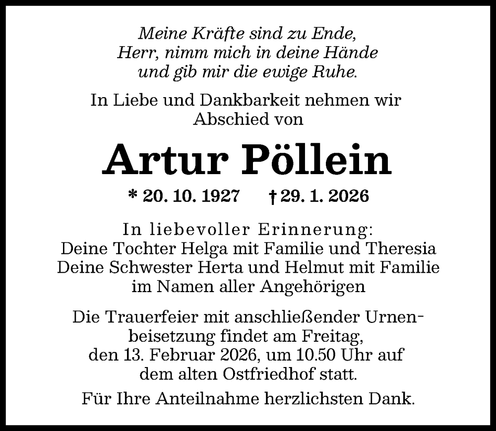  Traueranzeige für Artur Pöllein vom 07.02.2026 aus Augsburger Allgemeine