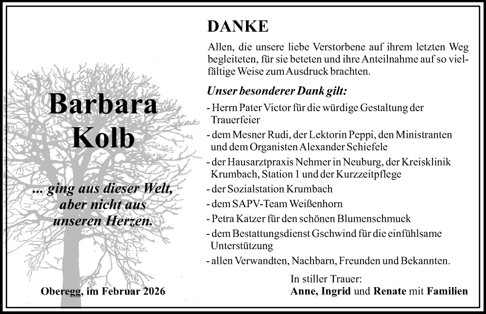 Traueranzeige für Barbara Kolb vom 28.02.2026 aus Mittelschwäbische Nachrichten