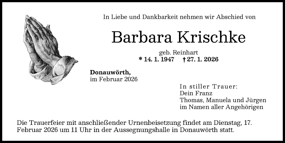  Traueranzeige für Barbara Krischke vom 07.02.2026 aus Donauwörther Zeitung