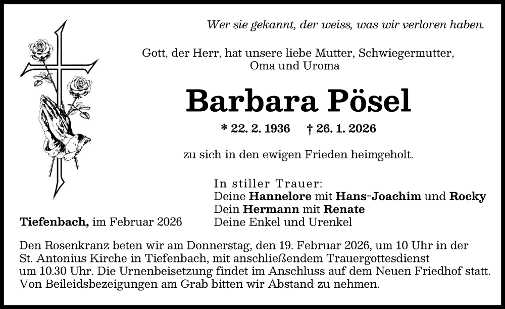  Traueranzeige für Barbara Pösel vom 16.02.2026 aus Illertisser Zeitung