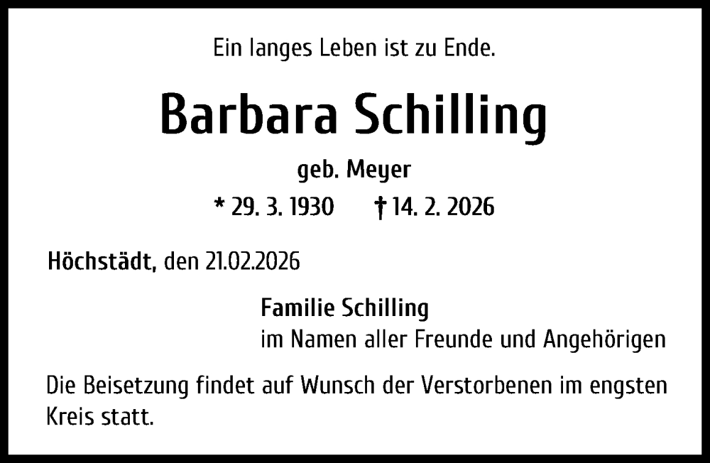  Traueranzeige für Barbara Schilling vom 21.02.2026 aus Donau Zeitung