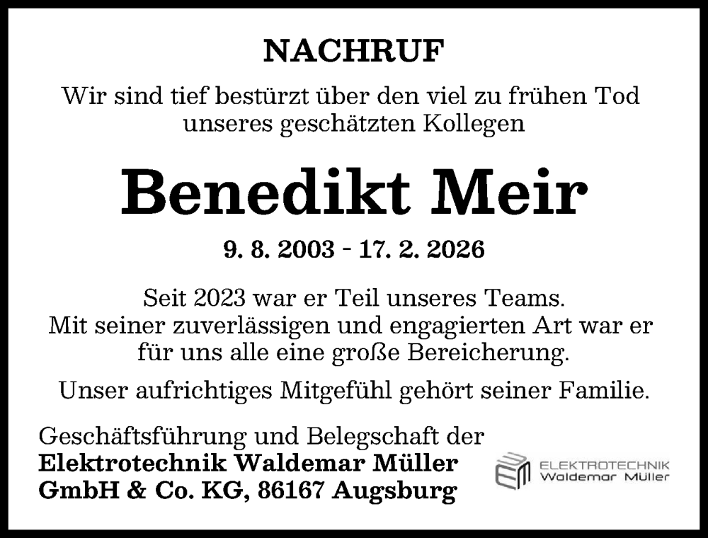 Traueranzeige von Benedikt Meir von Augsburger Allgemeine