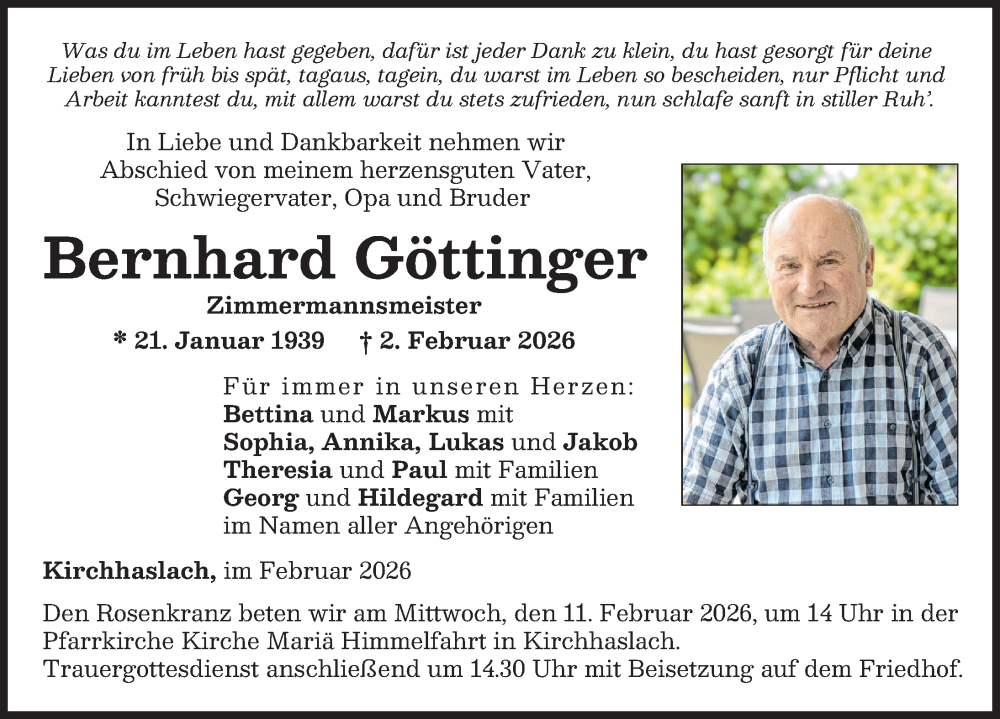  Traueranzeige für Bernhard Göttinger vom 07.02.2026 aus Illertisser Zeitung