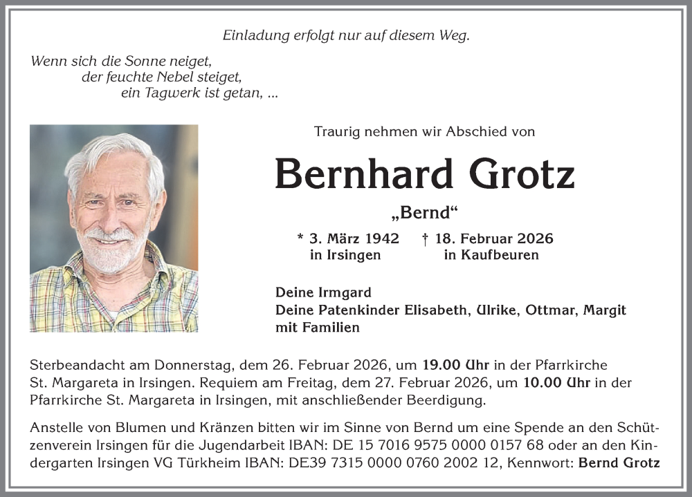  Traueranzeige für Bernhard Grotz vom 24.02.2026 aus Mindelheimer Zeitung