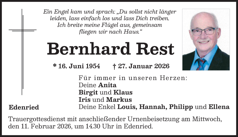  Traueranzeige für Bernhard Rest vom 07.02.2026 aus Aichacher Nachrichten