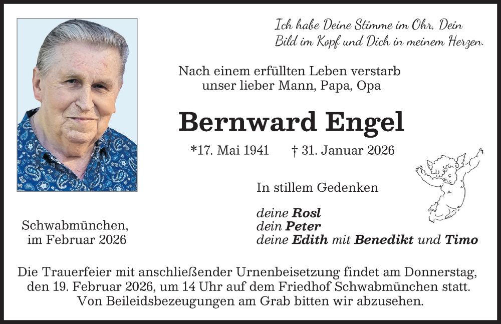  Traueranzeige für Bernward Engel vom 07.02.2026 aus Schwabmünchner Allgemeine