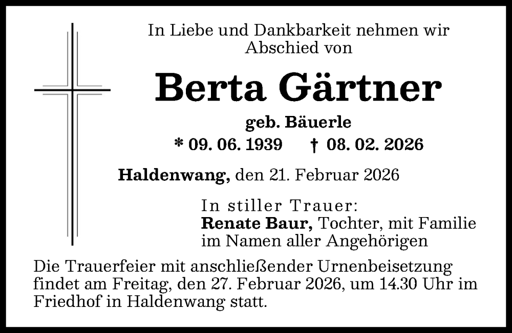  Traueranzeige für Berta Gärtner vom 21.02.2026 aus Günzburger Zeitung