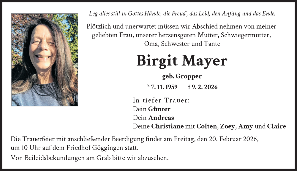  Traueranzeige für Birgit Mayer vom 14.02.2026 aus Augsburger Allgemeine