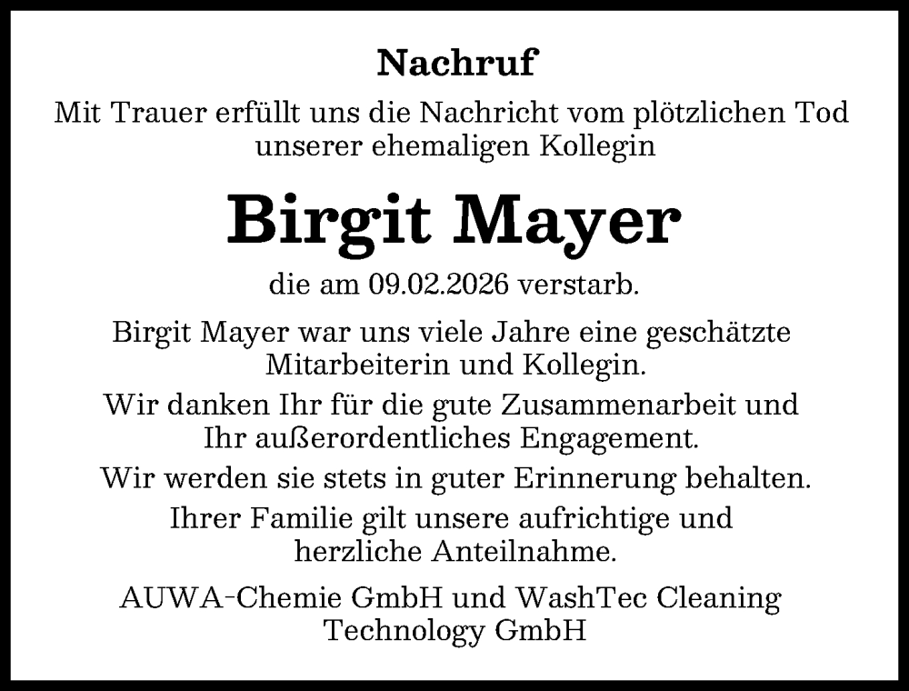 Traueranzeige von Birgit Mayer von Augsburger Allgemeine