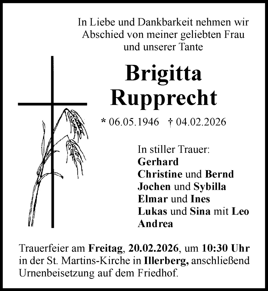 Traueranzeige für Brigitta Rupprecht vom 14.02.2026 aus Neu-Ulmer Zeitung