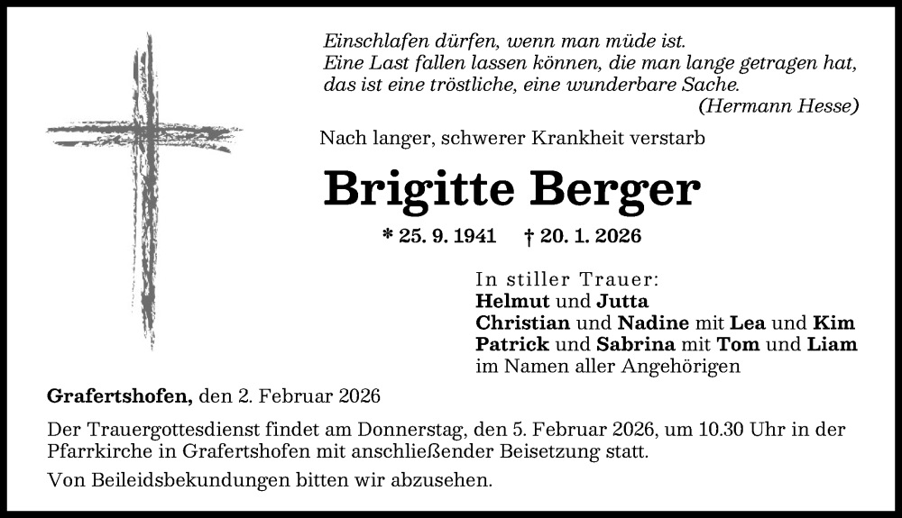  Traueranzeige für Brigitte Berger vom 02.02.2026 aus Neu-Ulmer Zeitung