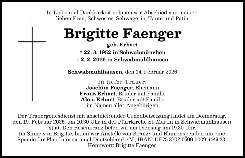  Traueranzeige für Brigitte Faenger vom 14.02.2026 aus Schwabmünchner Allgemeine