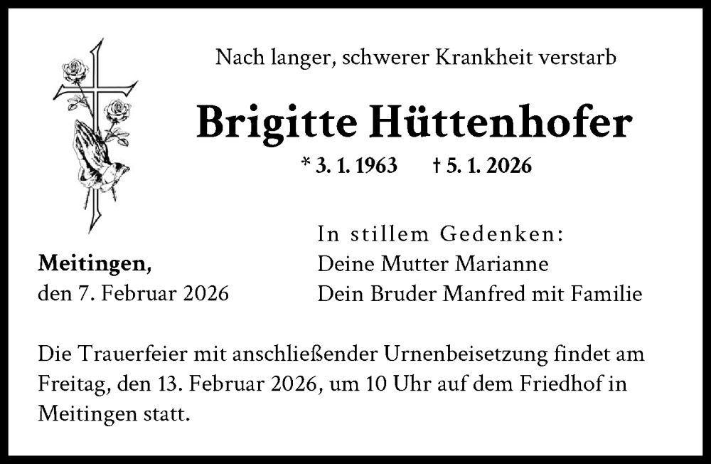  Traueranzeige für Brigitte Hüttenhofer vom 07.02.2026 aus Augsburg-Land