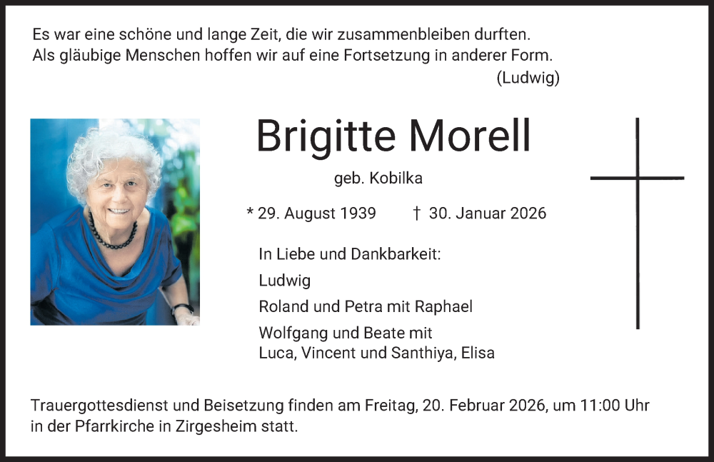  Traueranzeige für Brigitte Morell vom 14.02.2026 aus Donauwörther Zeitung