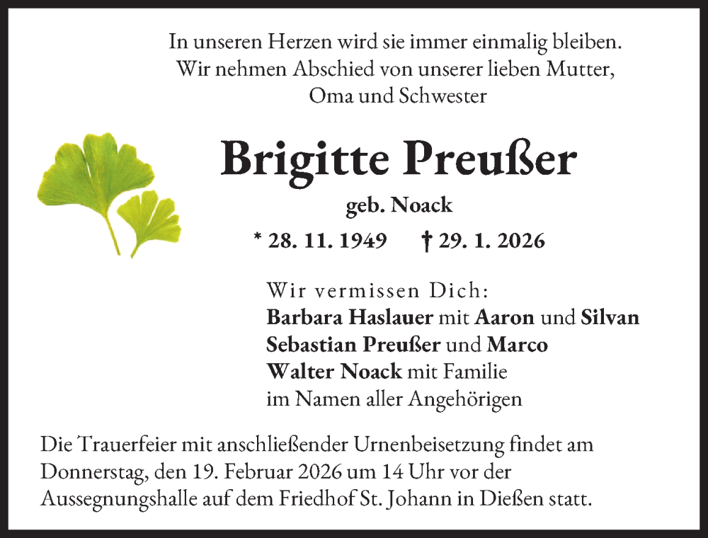  Traueranzeige für Brigitte Preußer vom 13.02.2026 aus Landsberger Tagblatt