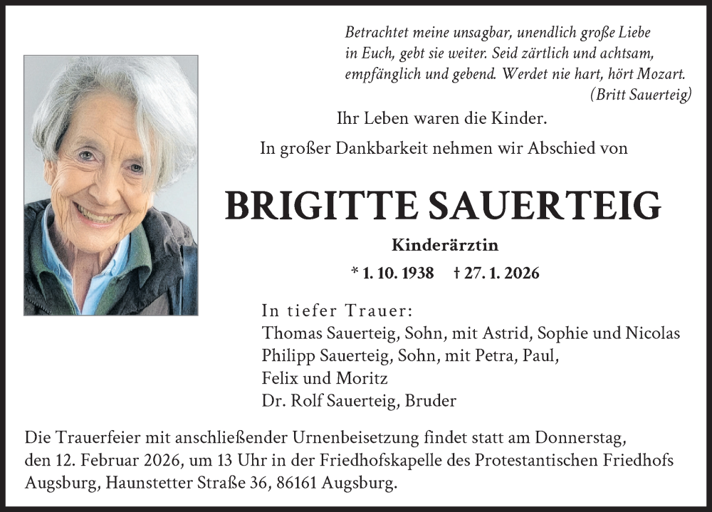  Traueranzeige für Brigitte Sauerteig vom 07.02.2026 aus Augsburger Allgemeine