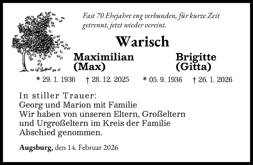  Traueranzeige für Brigitte Warisch vom 14.02.2026 aus Augsburger Allgemeine