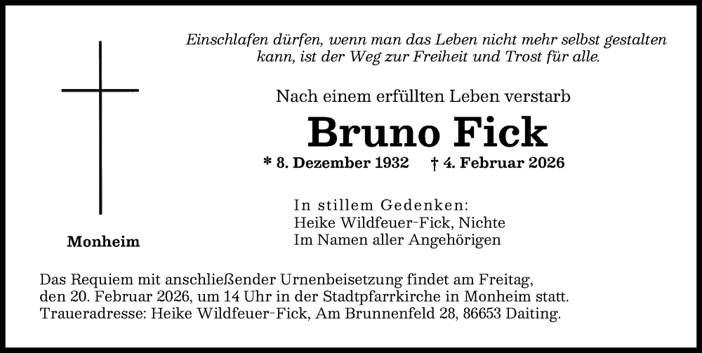  Traueranzeige für Bruno Fick vom 17.02.2026 aus Donauwörther Zeitung