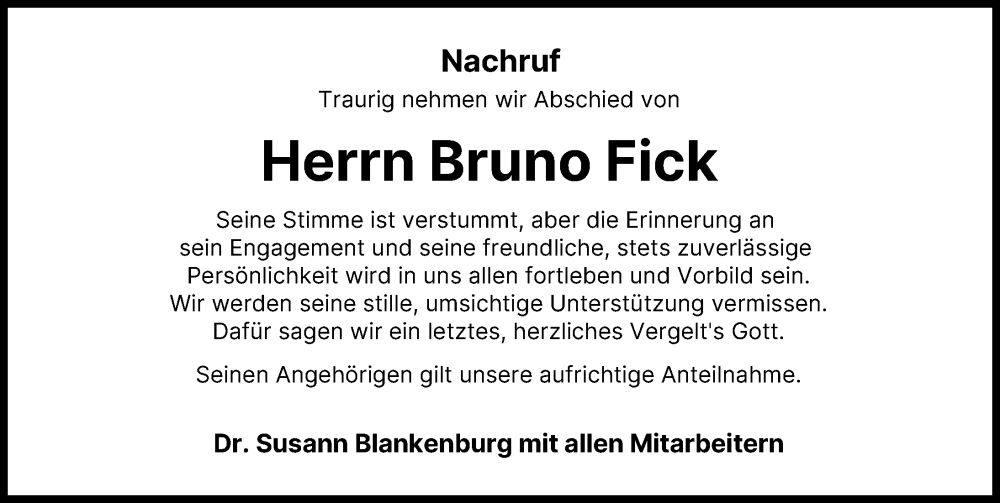 Traueranzeige von Bruno Fick von Donauwörther Zeitung