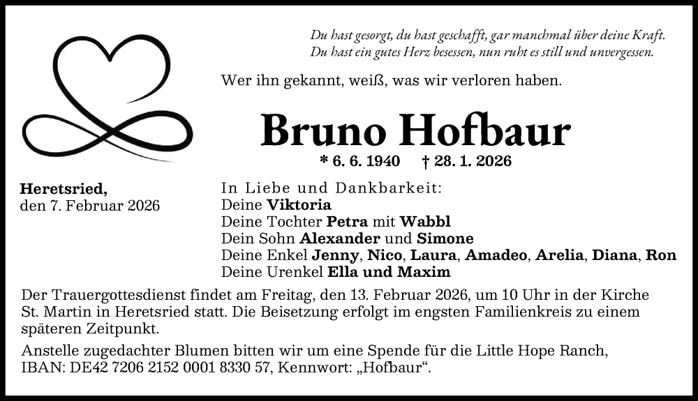  Traueranzeige für Bruno Hofbaur vom 07.02.2026 aus Augsburg-Land