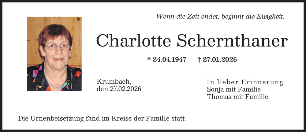  Traueranzeige für Charlotte Schernthaner vom 27.02.2026 aus Günzburger Zeitung, Mittelschwäbische Nachrichten