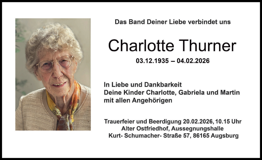  Traueranzeige für Charlotte Thurner vom 14.02.2026 aus Augsburger Allgemeine