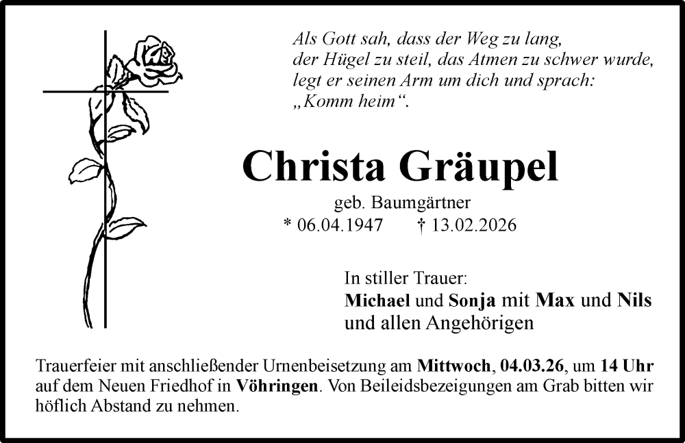  Traueranzeige für Christa Gräupel vom 26.02.2026 aus Illertisser Zeitung