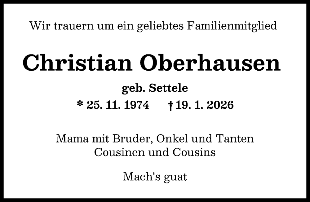  Traueranzeige für Christian Oberhausen vom 14.02.2026 aus Augsburger Allgemeine
