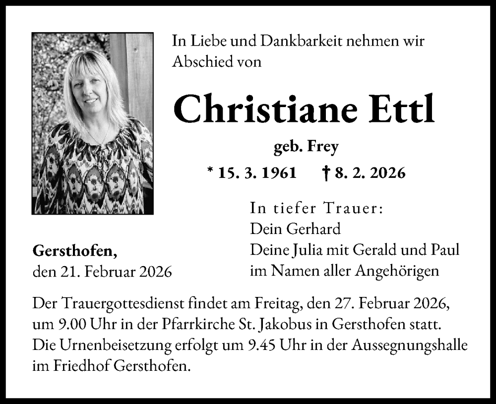  Traueranzeige für Christiane Ettl vom 21.02.2026 aus Augsburger Allgemeine