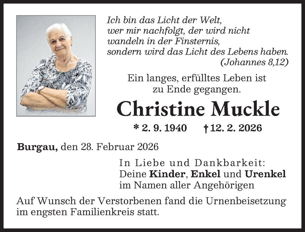  Traueranzeige für Christine Muckle vom 28.02.2026 aus Günzburger Zeitung