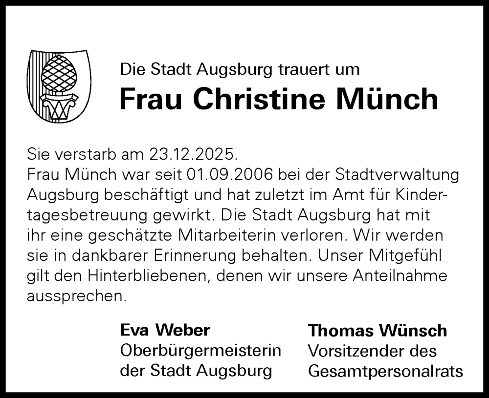  Traueranzeige für Christine Münch vom 17.02.2026 aus Augsburger Allgemeine