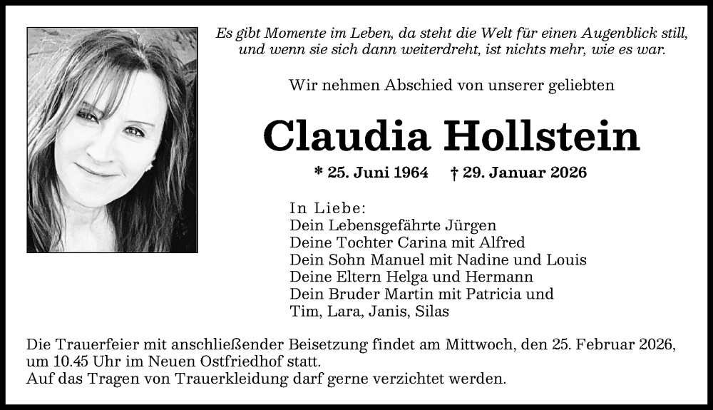  Traueranzeige für Claudia Hollstein vom 21.02.2026 aus Augsburger Allgemeine