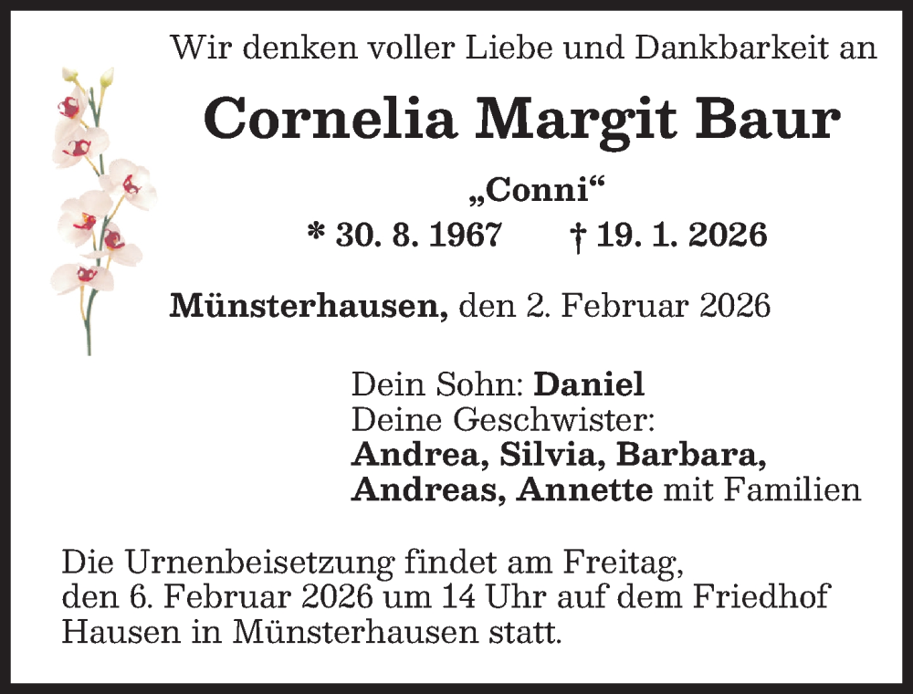  Traueranzeige für Cornelia Margit Baur vom 02.02.2026 aus Mittelschwäbische Nachrichten